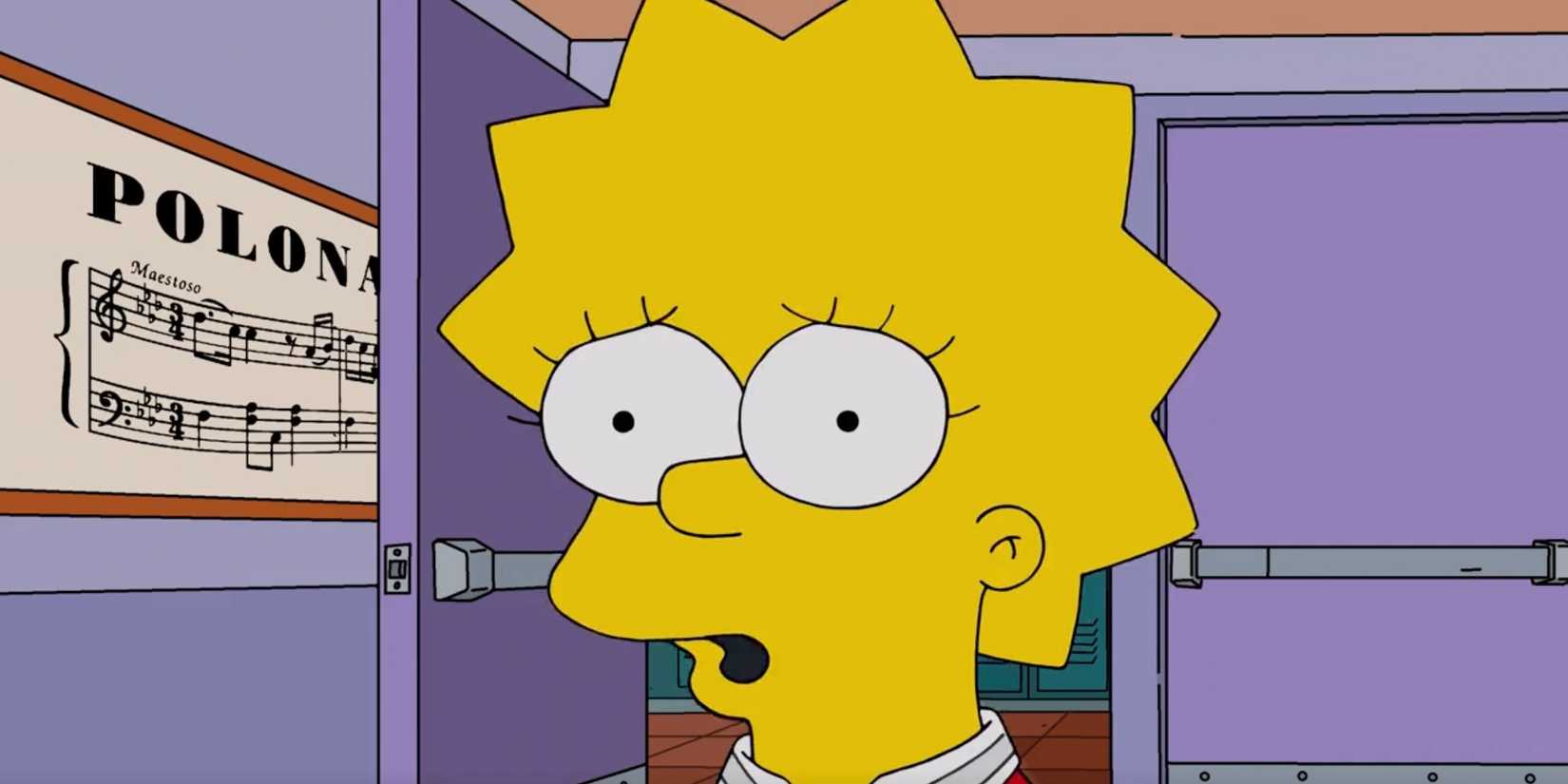 Lisa parece horrorizada na sala de música de Os Simpsons
