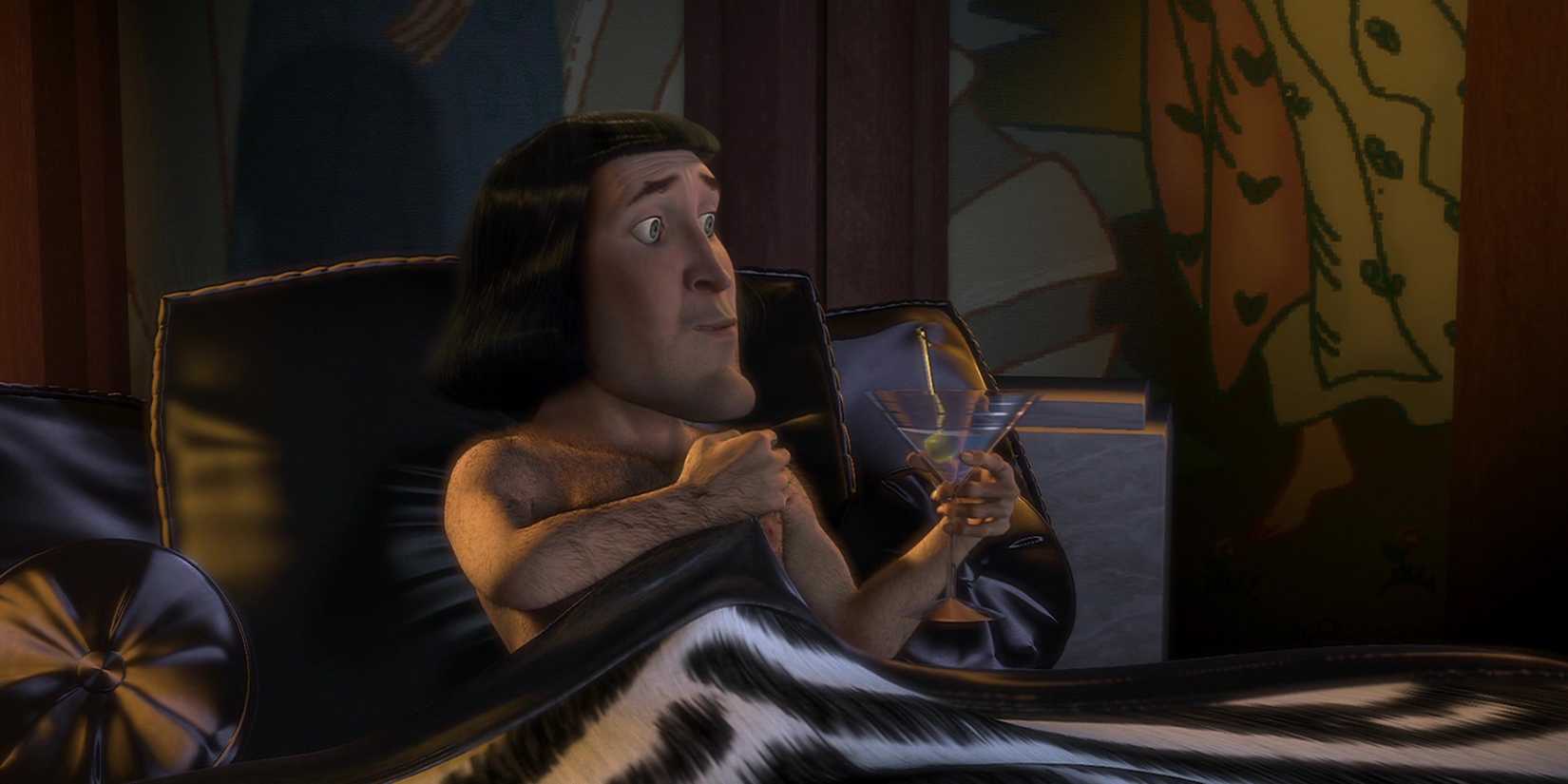 Lord Farquaad in bed with a drink in Shrek