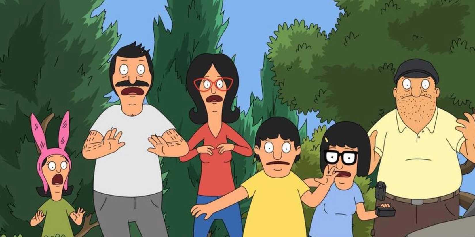 Louise, Bob, Linda, Gene, Tina e Teddy preocupados na floresta em Bob's Burgers