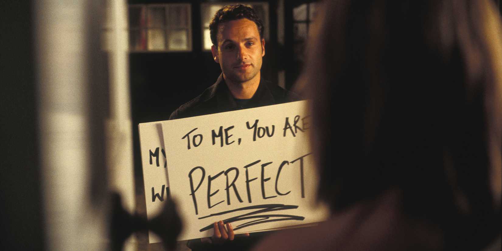 Love Actually Mark holding the 'to me you are perfect' card