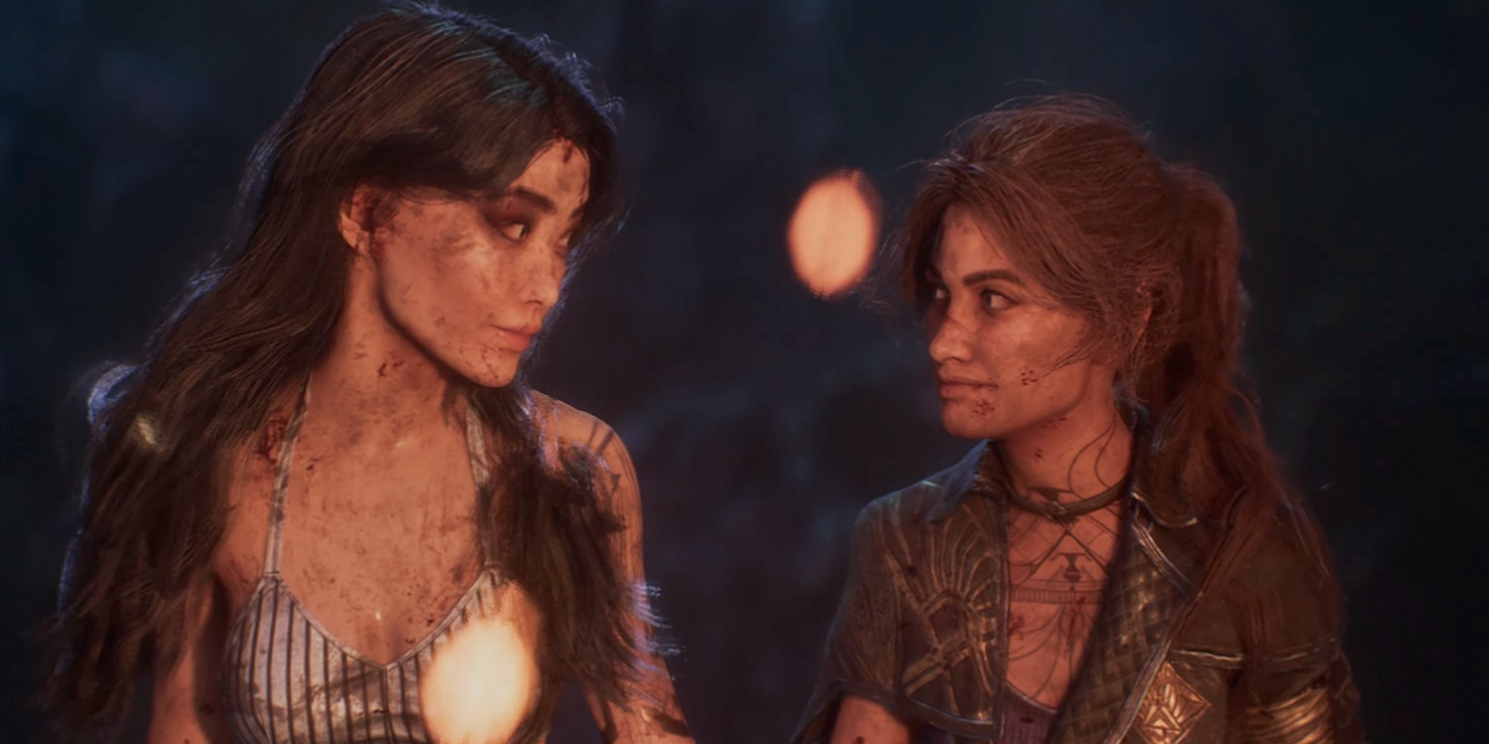 Lune and sciel looking at each other in front of campfire in Clair Obscur Expedition 33