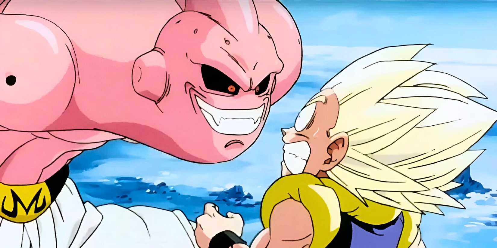 Majin Buu starrt Super Gotenks in Dragon Ball Z Anime aus nächster Nähe an