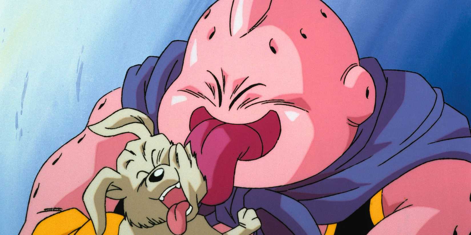 Majin Buu licking his dog Bee in Dragon Ball Z anime