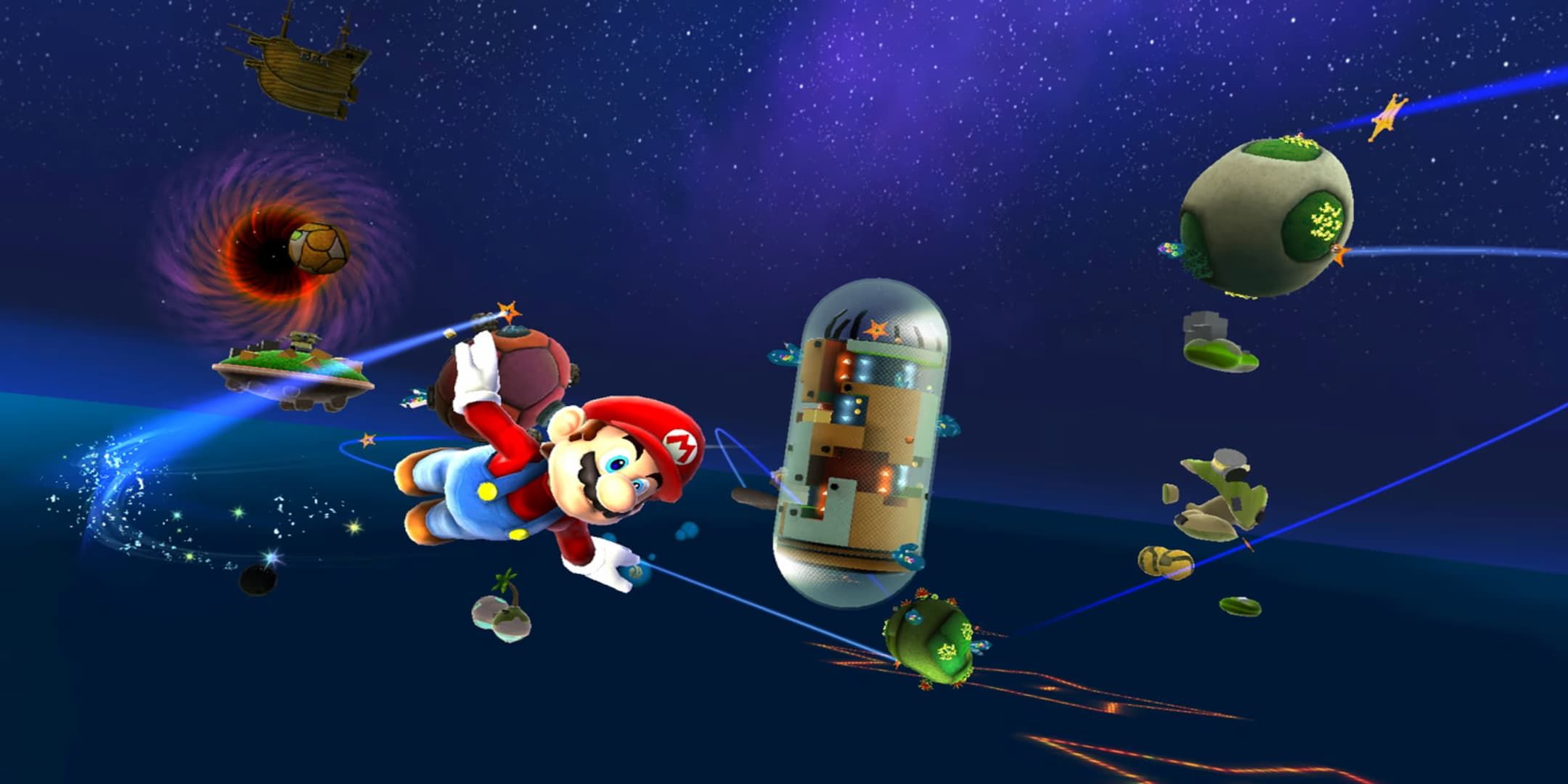 Mario Galaxy flying through the air