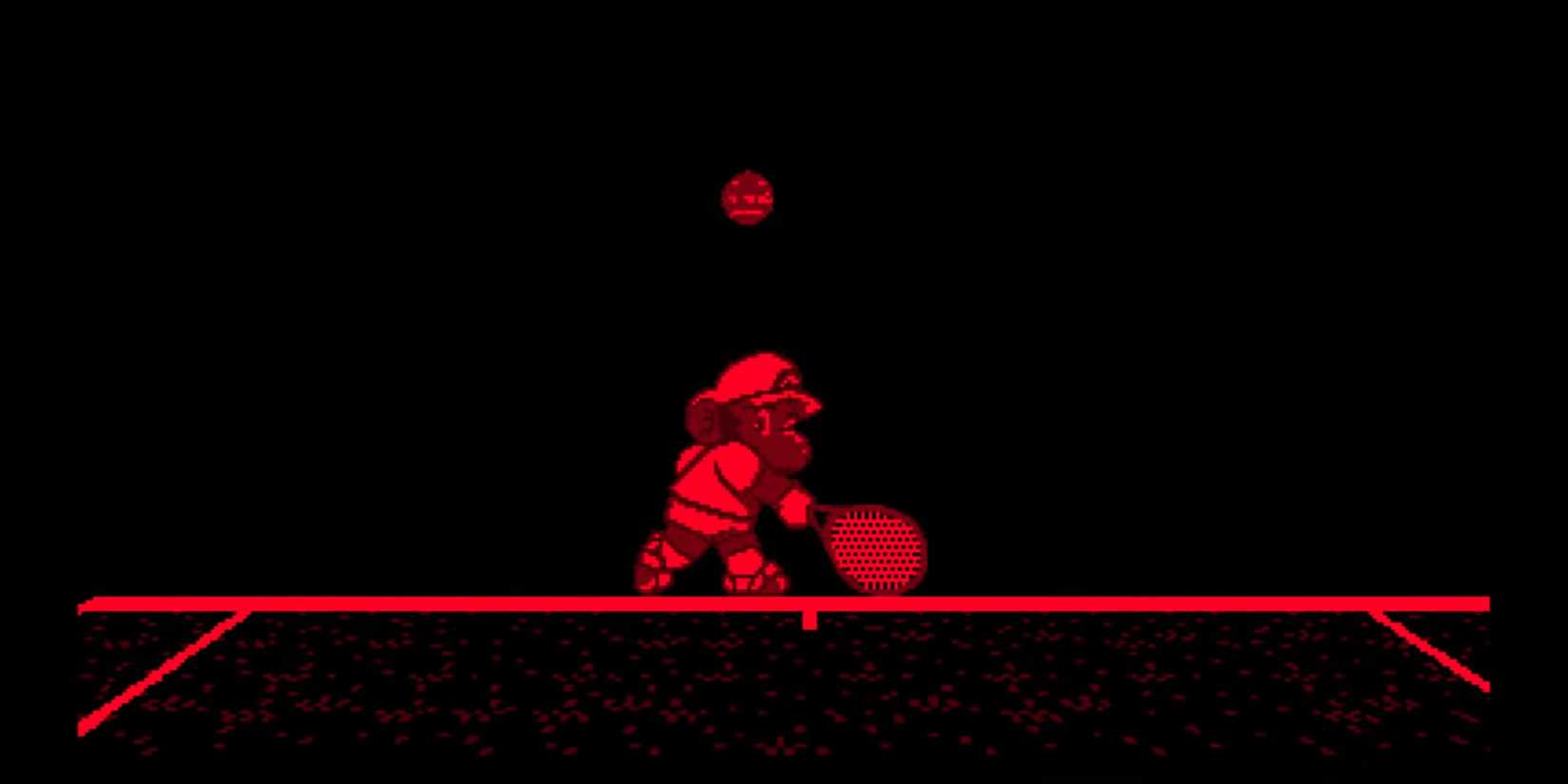Mario batendo na bola de tênis em Mario Tennis no garoto virtual.