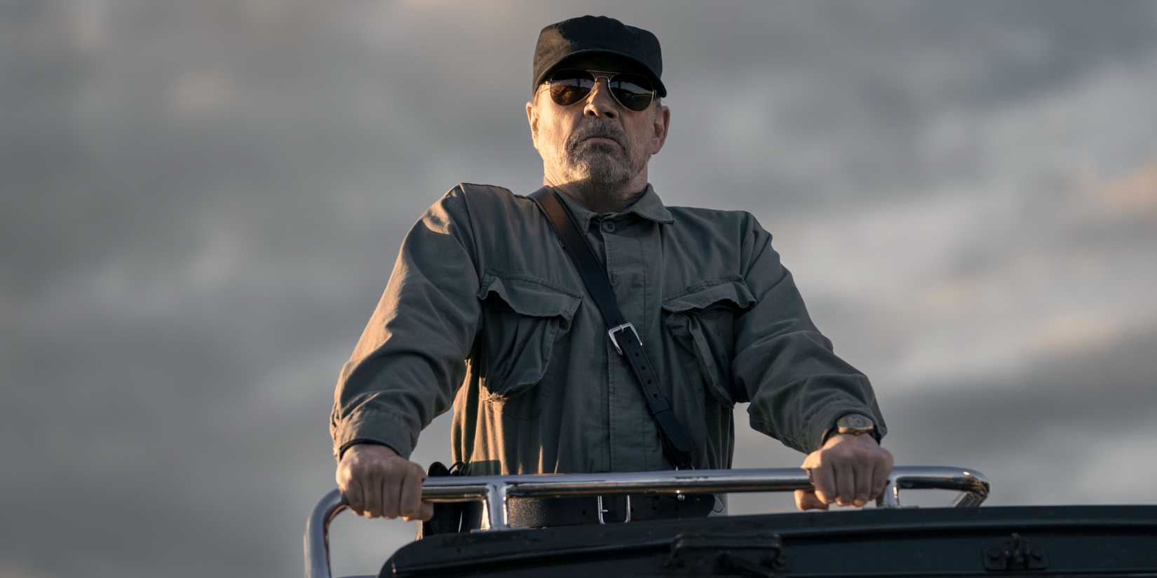 Mark Hamil in uniform looking stern in The Long Walk