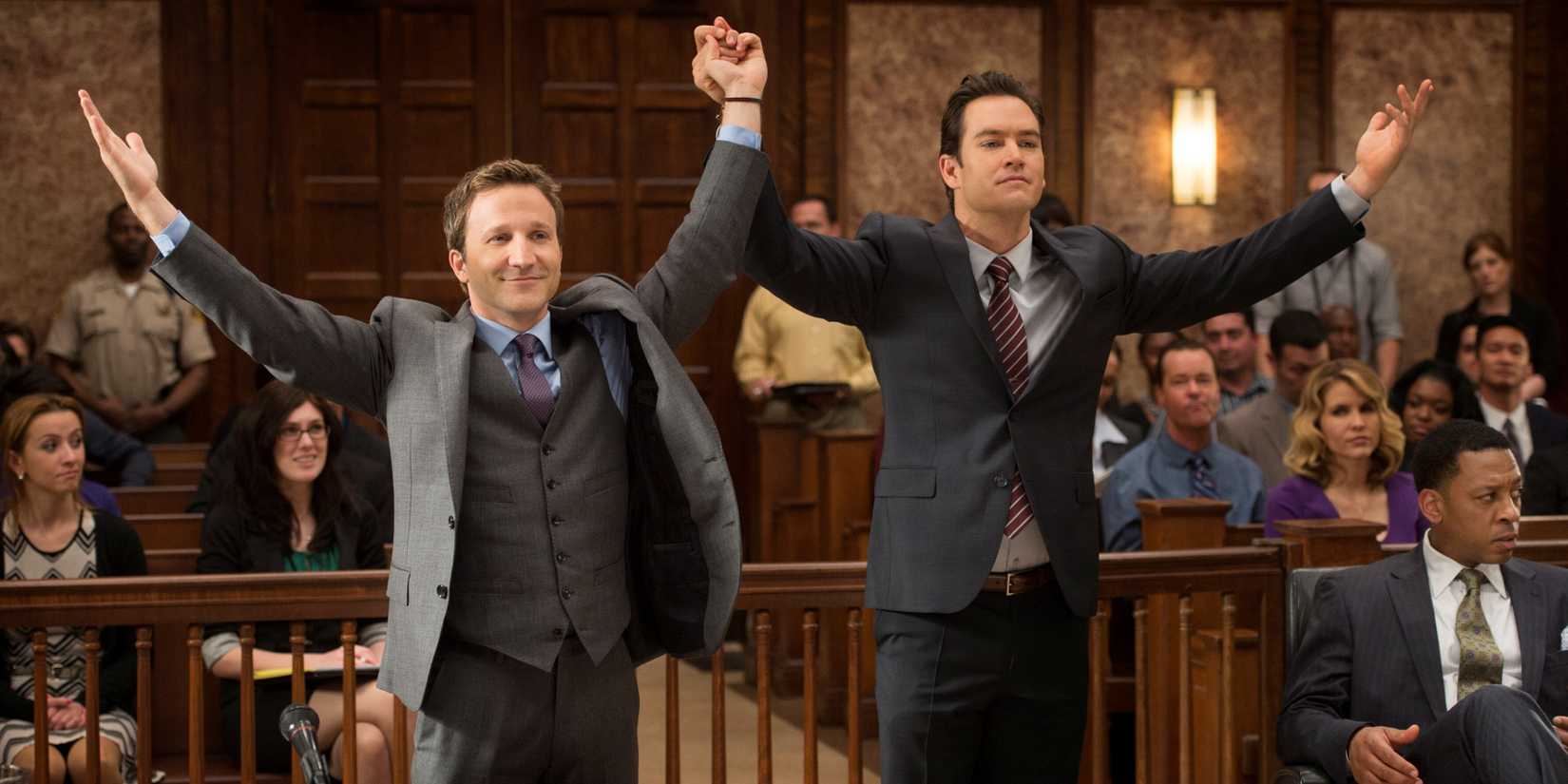 Mark-Paul Gosselaar and Breckin Meyer celebrating from Franklin & Bash