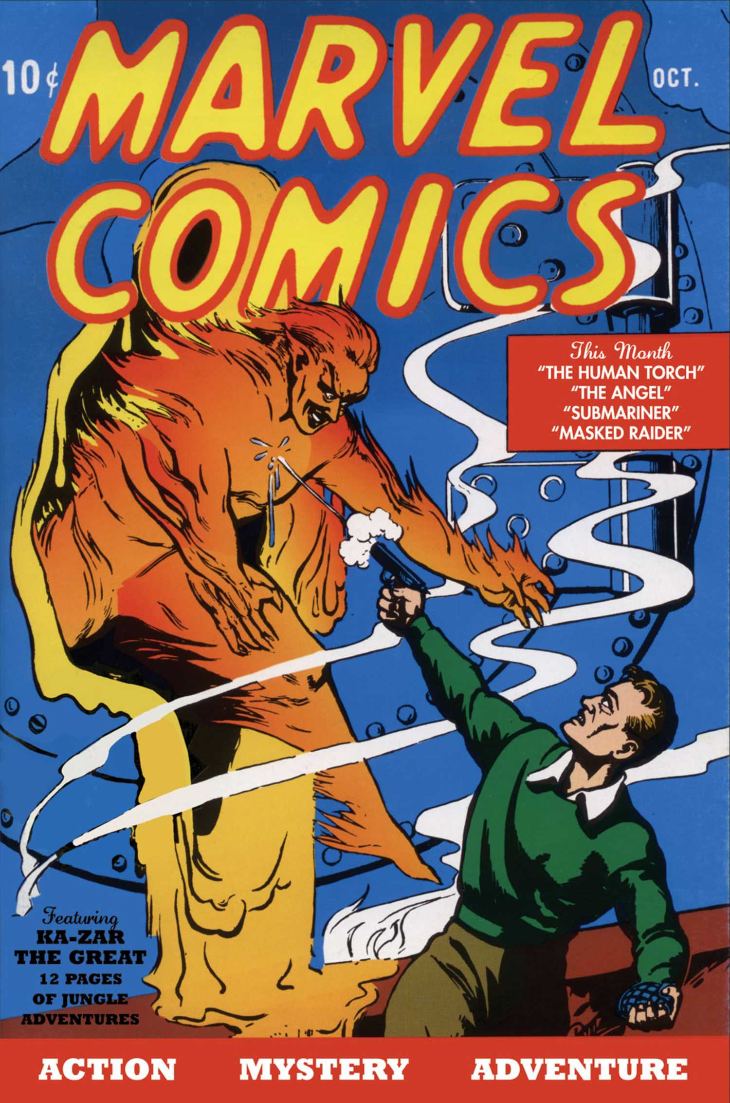 Marvel Comics #1 cover, a man fires a pistol at the Human Torch