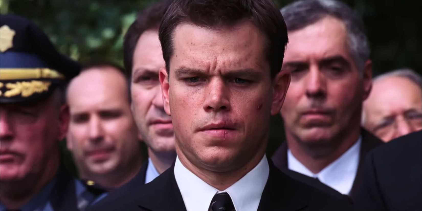 Matt Damon as Sullivan at the funeral in The Departed