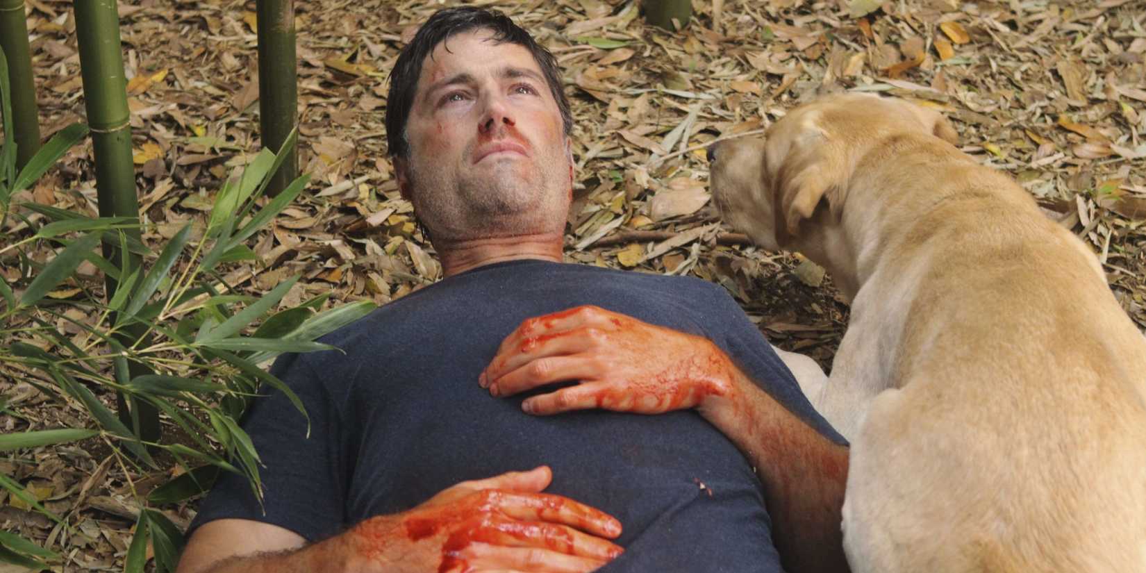 Matthew Fox bleeding out in the jungle with Vincent the Dog laying next to him in the Lost series finale