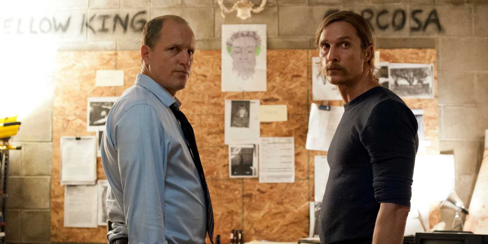 Matthew McConaughey and Woody Harrelson looking upset from True Detective