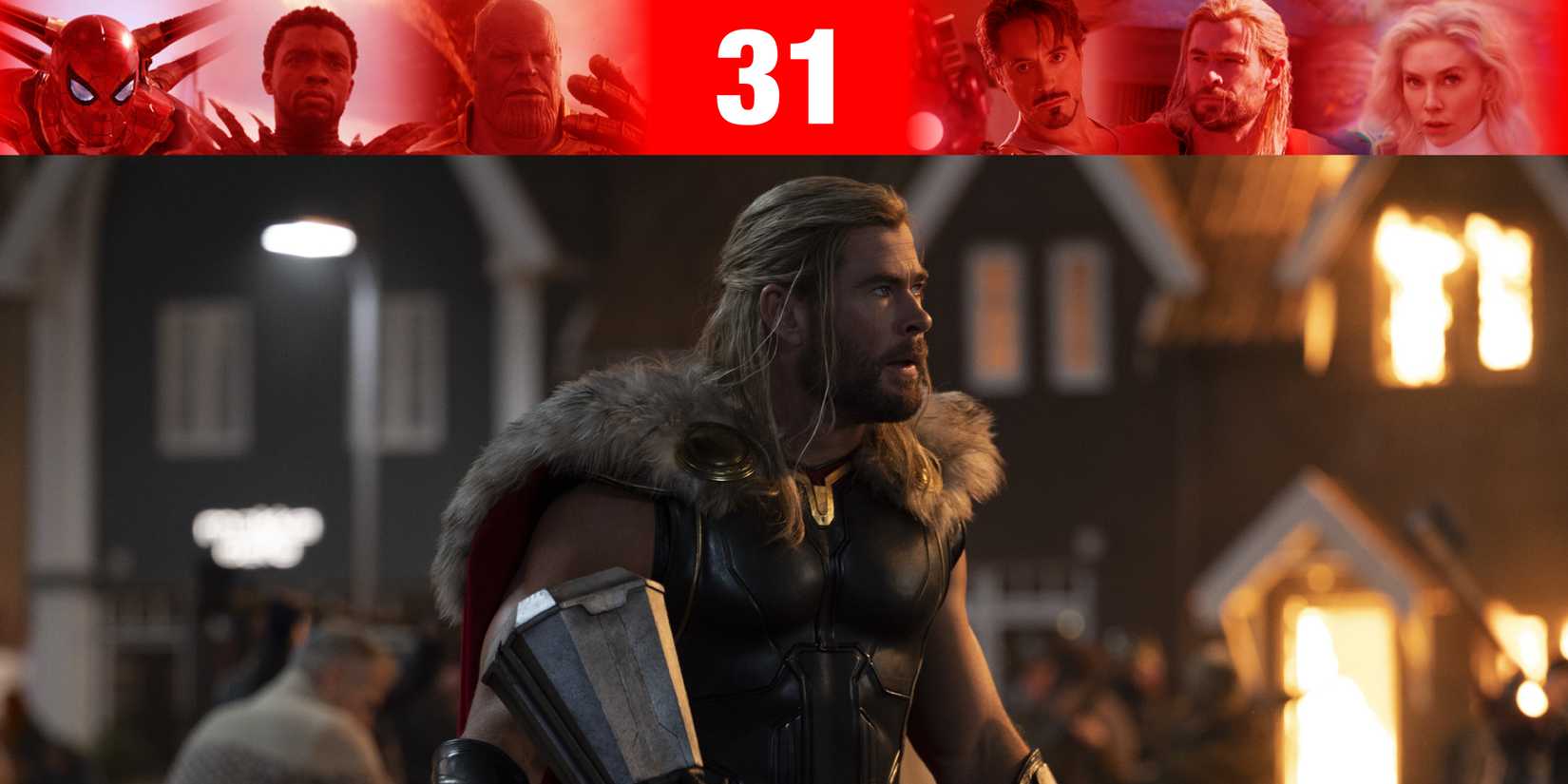 Chris Hemsworth As Thor In the Middle Of A Battle In Thor Love And Thunder With MCU Overlay
