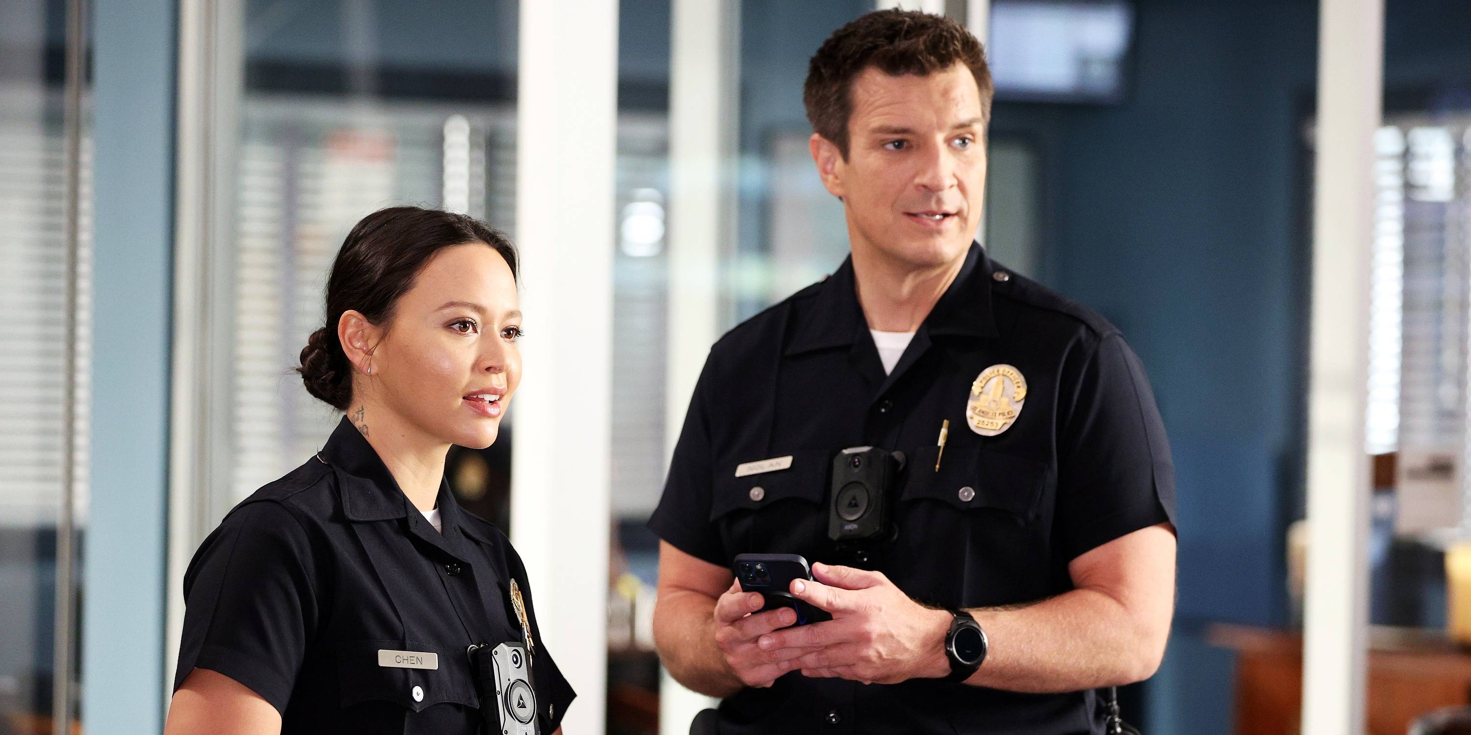 Melissa O'Neil as Lucy Chen and Nathan Fillion as John Nolan in The Rookie season 4