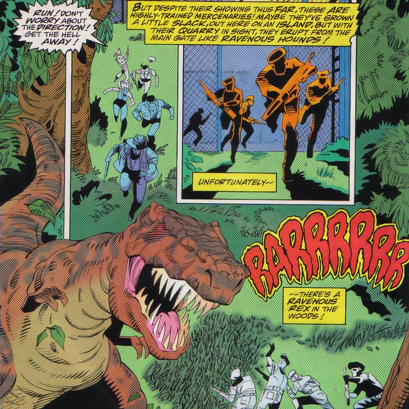 Mercenaries chasing their targets before getting cut off by a T-Rex in Jurassic Park.