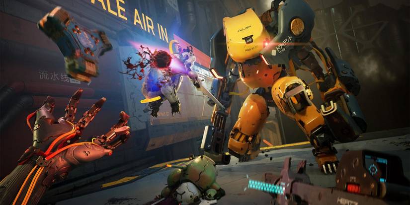Metal Eden gameplay shows the player against multiple robot-like opponents.