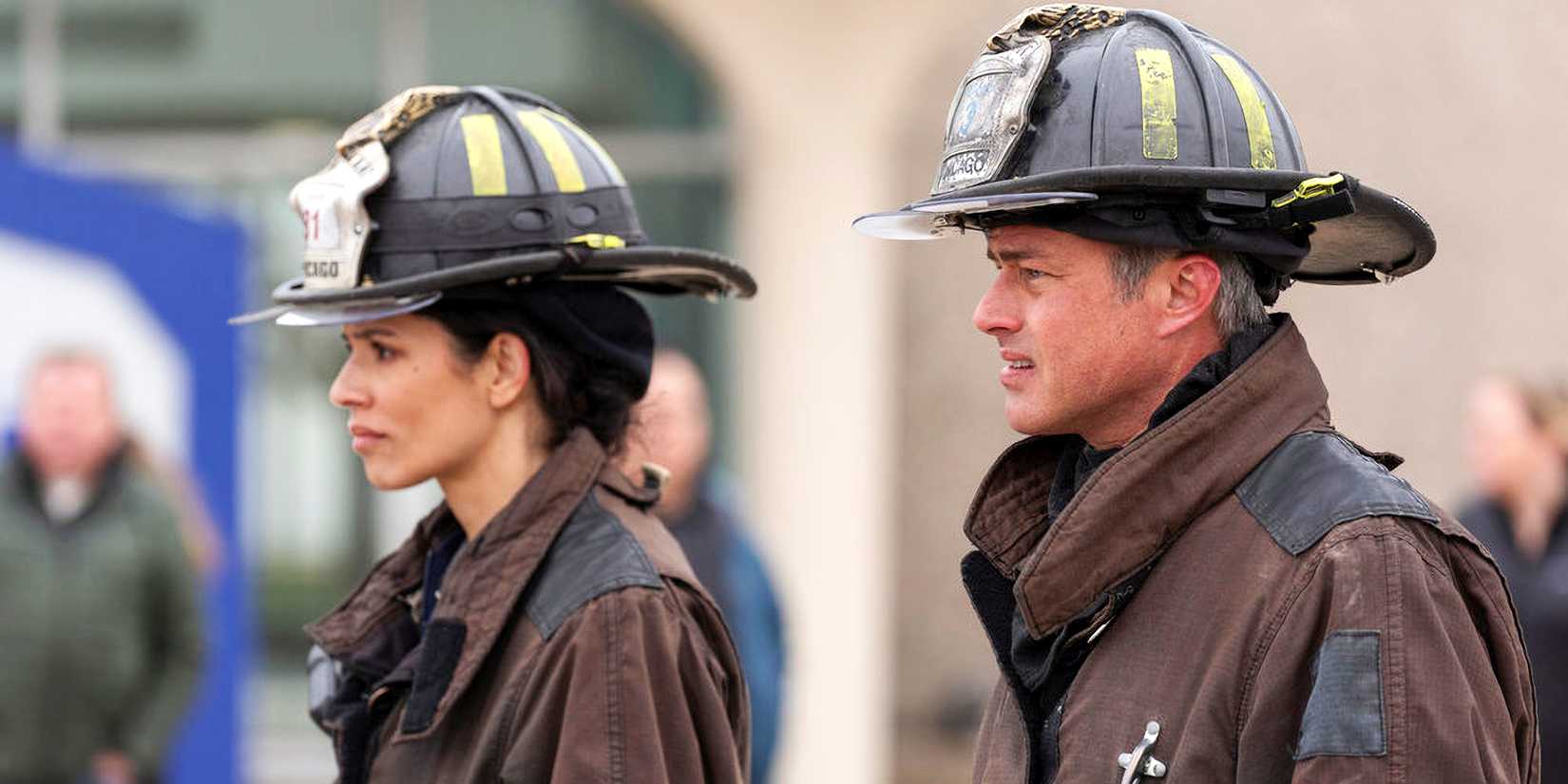 Miranda Rae Mayo as Stella Kidd and Taylor Kinney as Kelly Severide in Chicago Fire season 13