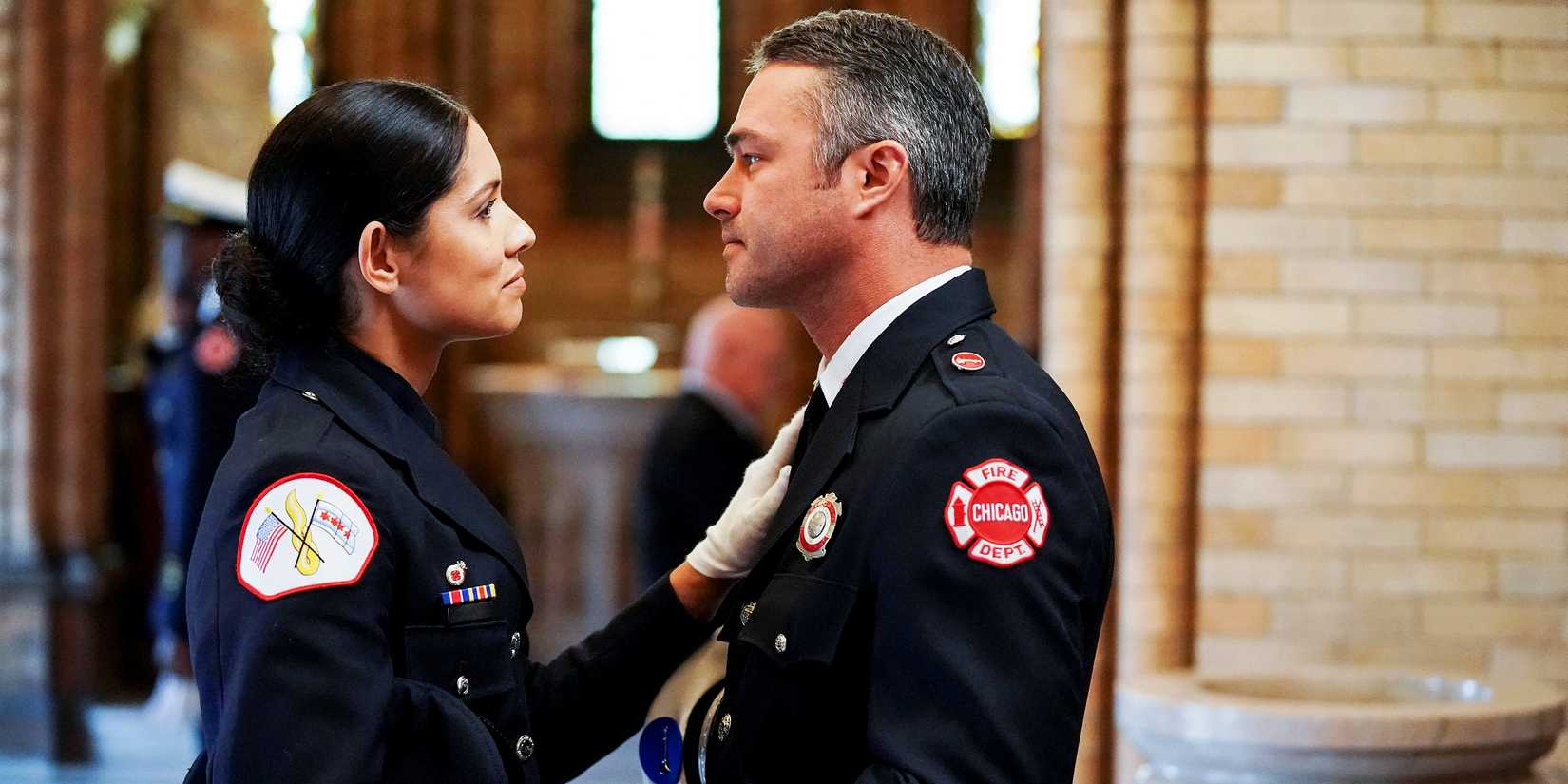 Miranda Rae Mayo as Stella Kidd and Taylor Kinney as Kelly Severide in Chicago Fire