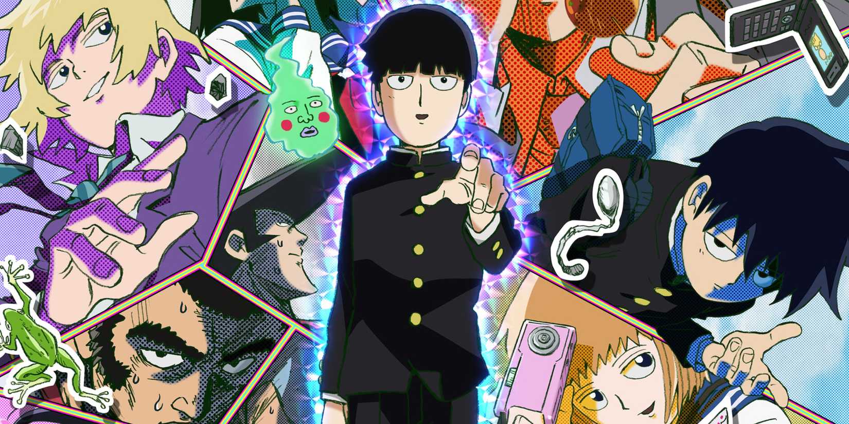 Mob Psycho 100 poster depicting Mob surrounded by images of his friends with a smile and an outstretched hand.