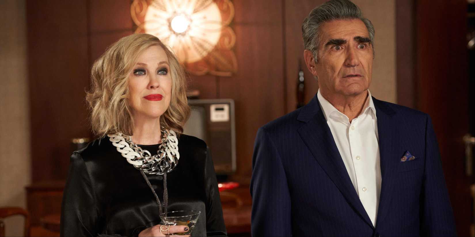 Moira Rose (Catherine O'Hara) and Johnny Rose (Eugene Levy) looking surprised in Schitt's Creek-1
