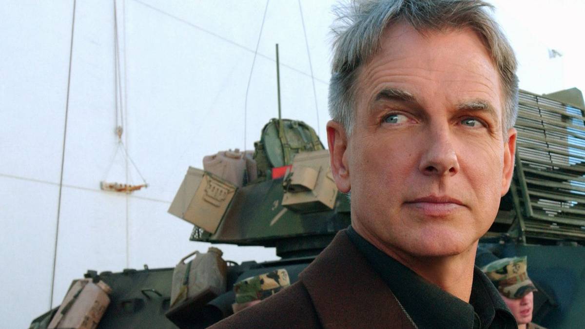 Mark Harmon as Gibbs in NCIS with military gear behind him