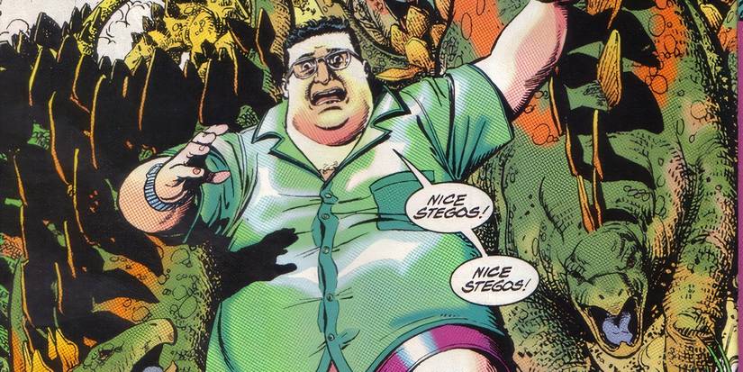 Neddry running from a stegosaurus stampede.