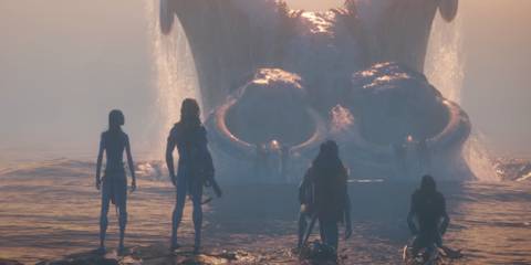 Neytiri and Jake with Tulkun in Avatar: Fire and Ash