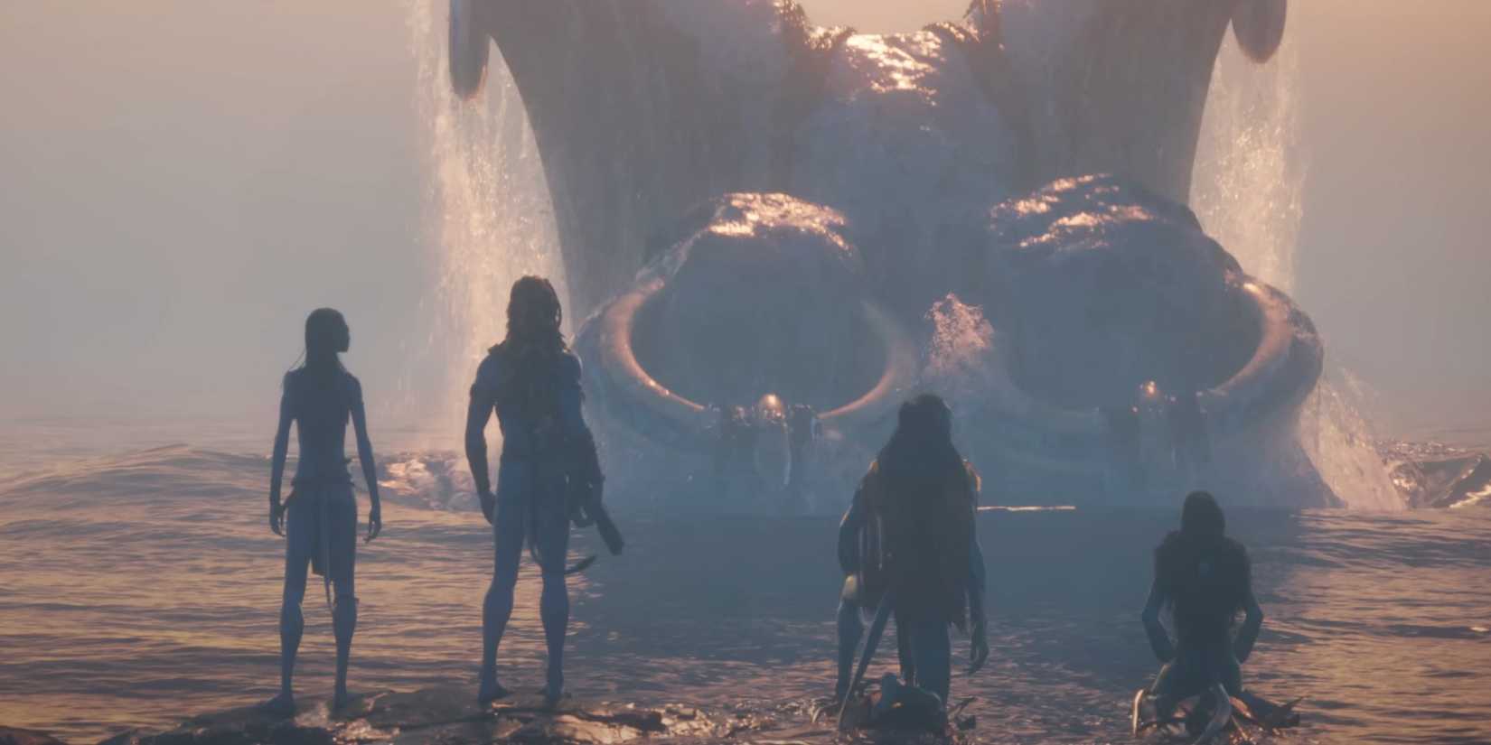 Neytiri and Jake with Tulkun in Avatar: Fire and Ash