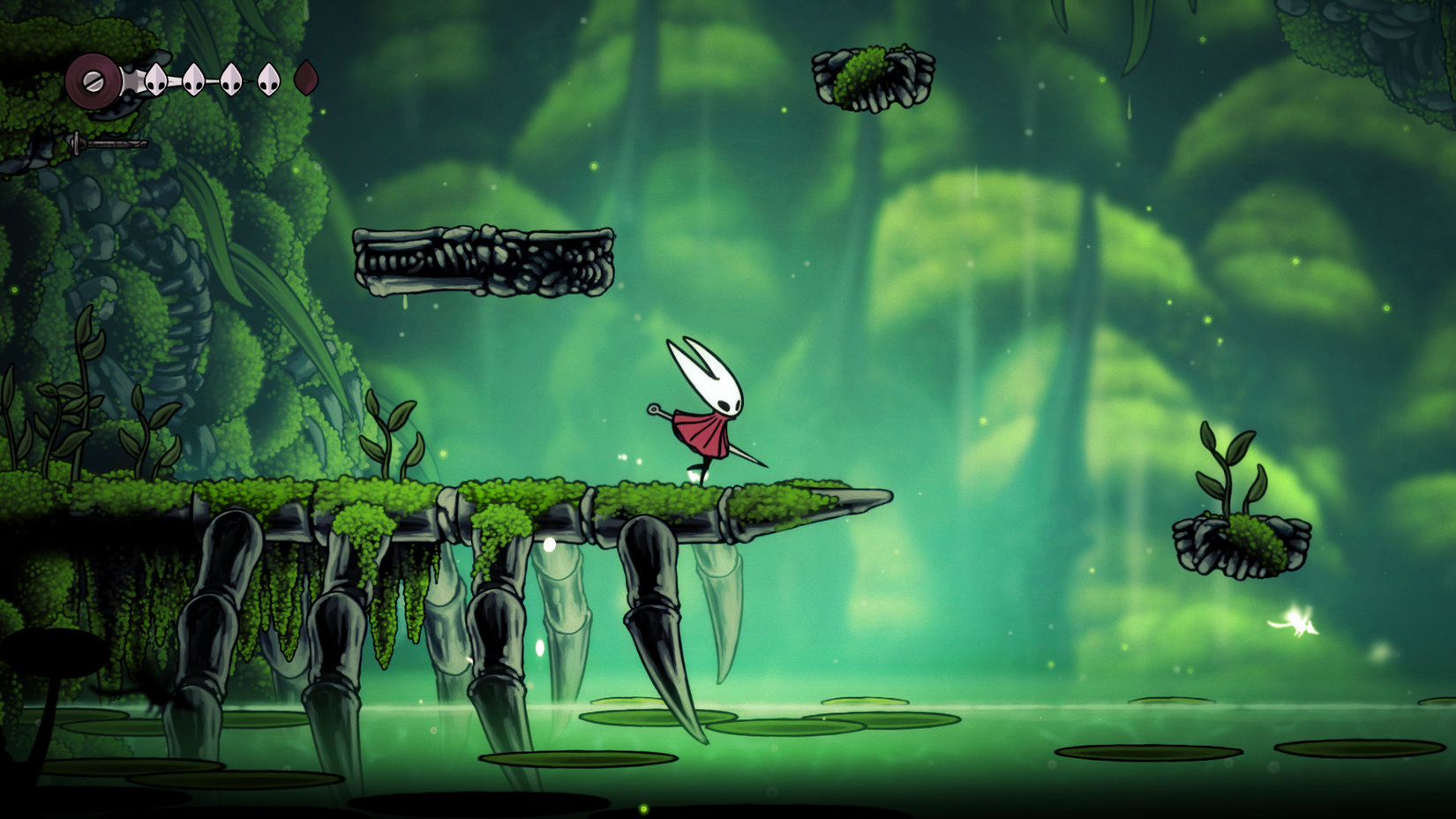 Silksong Hornet walking through mossy area
