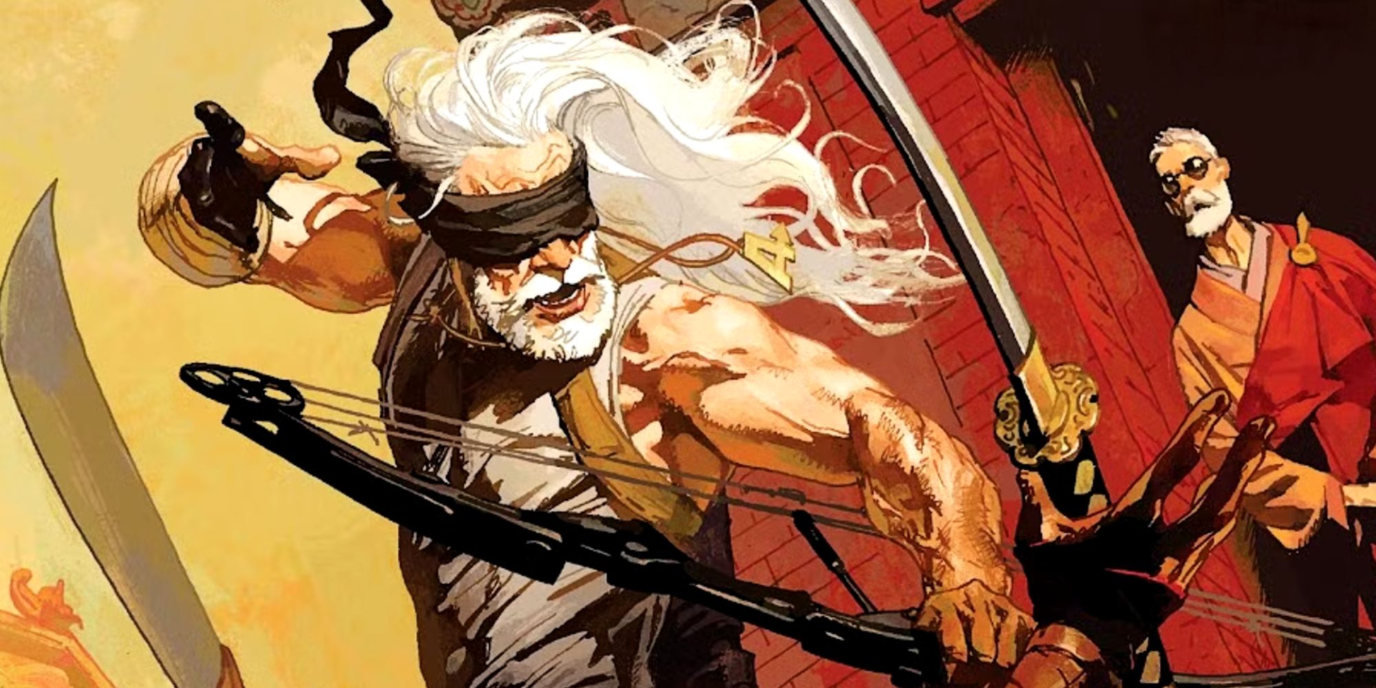 Old Man Hawkeye con arco e benda sugli occhi