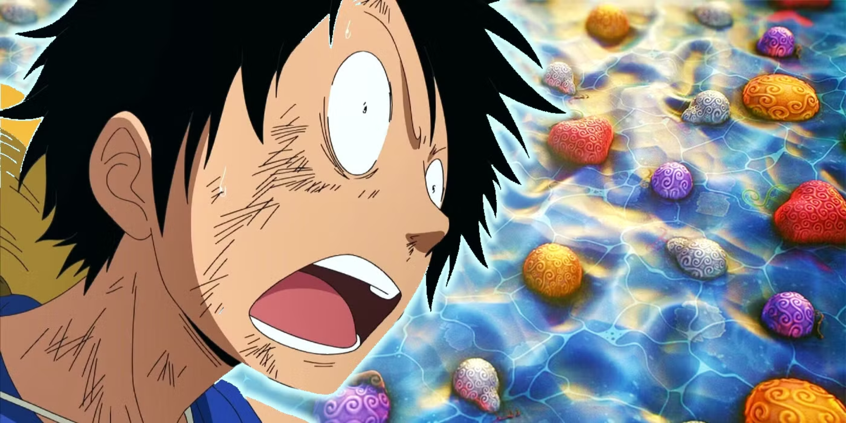 One Piece featured image - Luffy looking shocked in front of many of the devil fruits