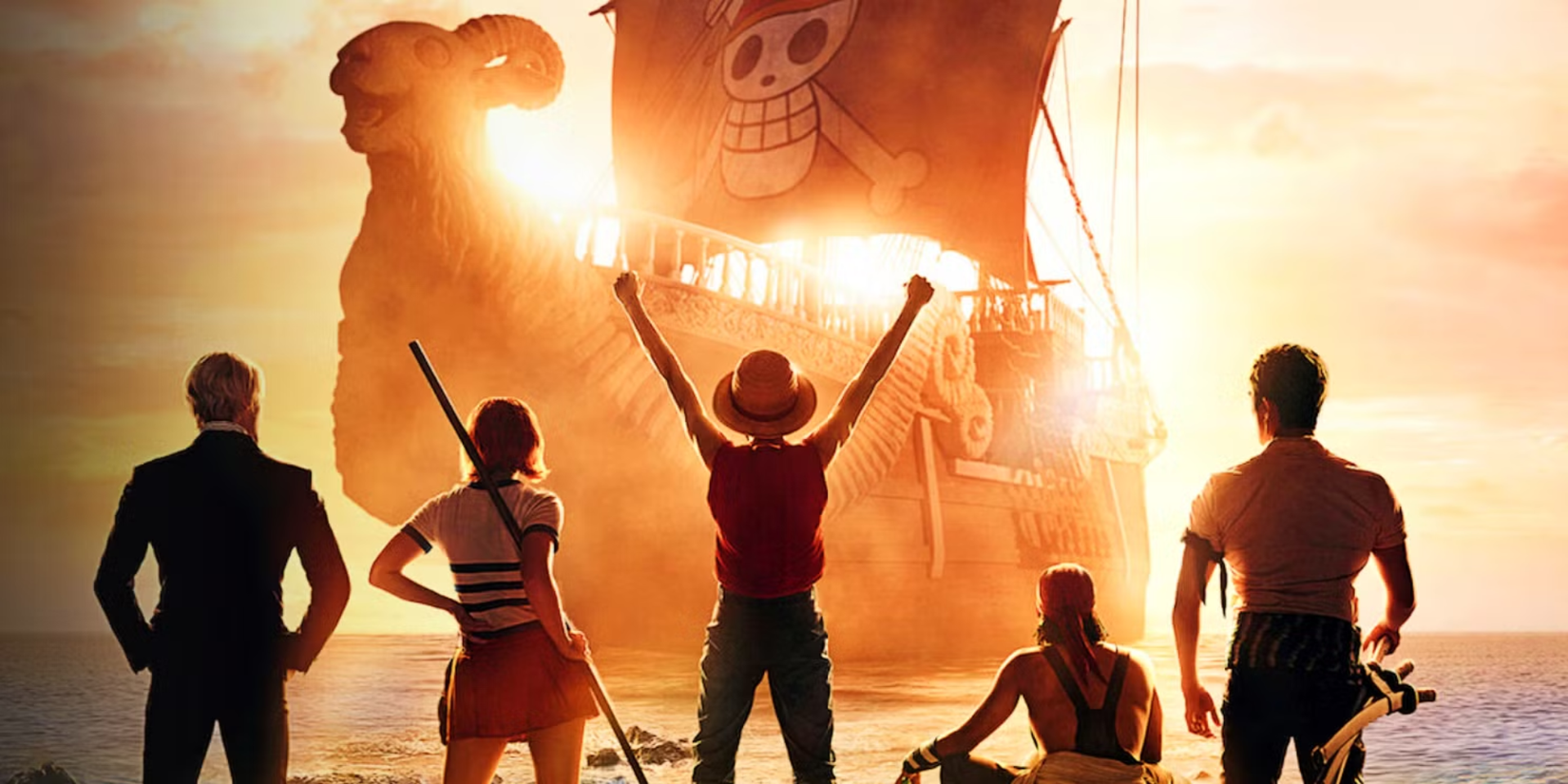 One Piece live-action featured image - The Straw Hat pirate crew in front of their ship