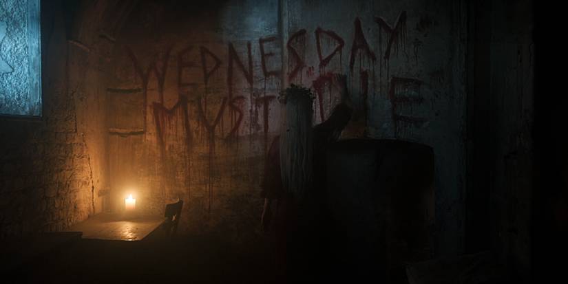 Ophelia writes Wednesday Must Die in blood on the wall in Wednesday season 2 part 2