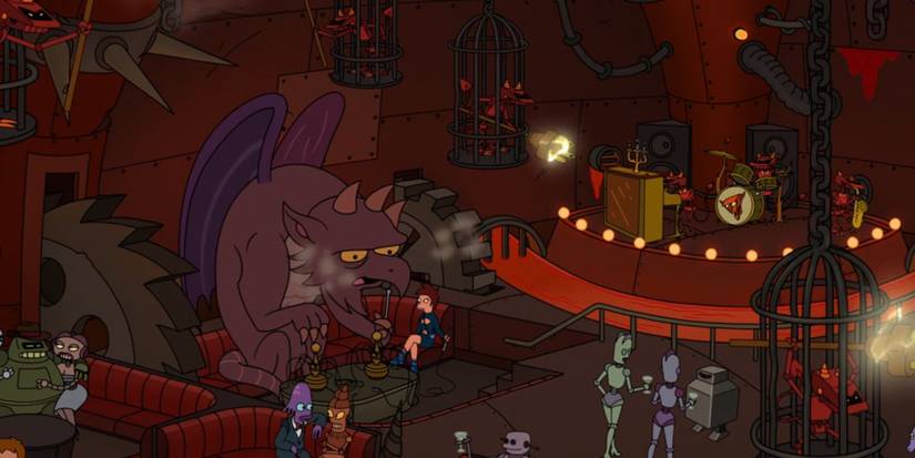 Pazuzu surrounded by robots in a hell-themed bar in Futurama season 13 