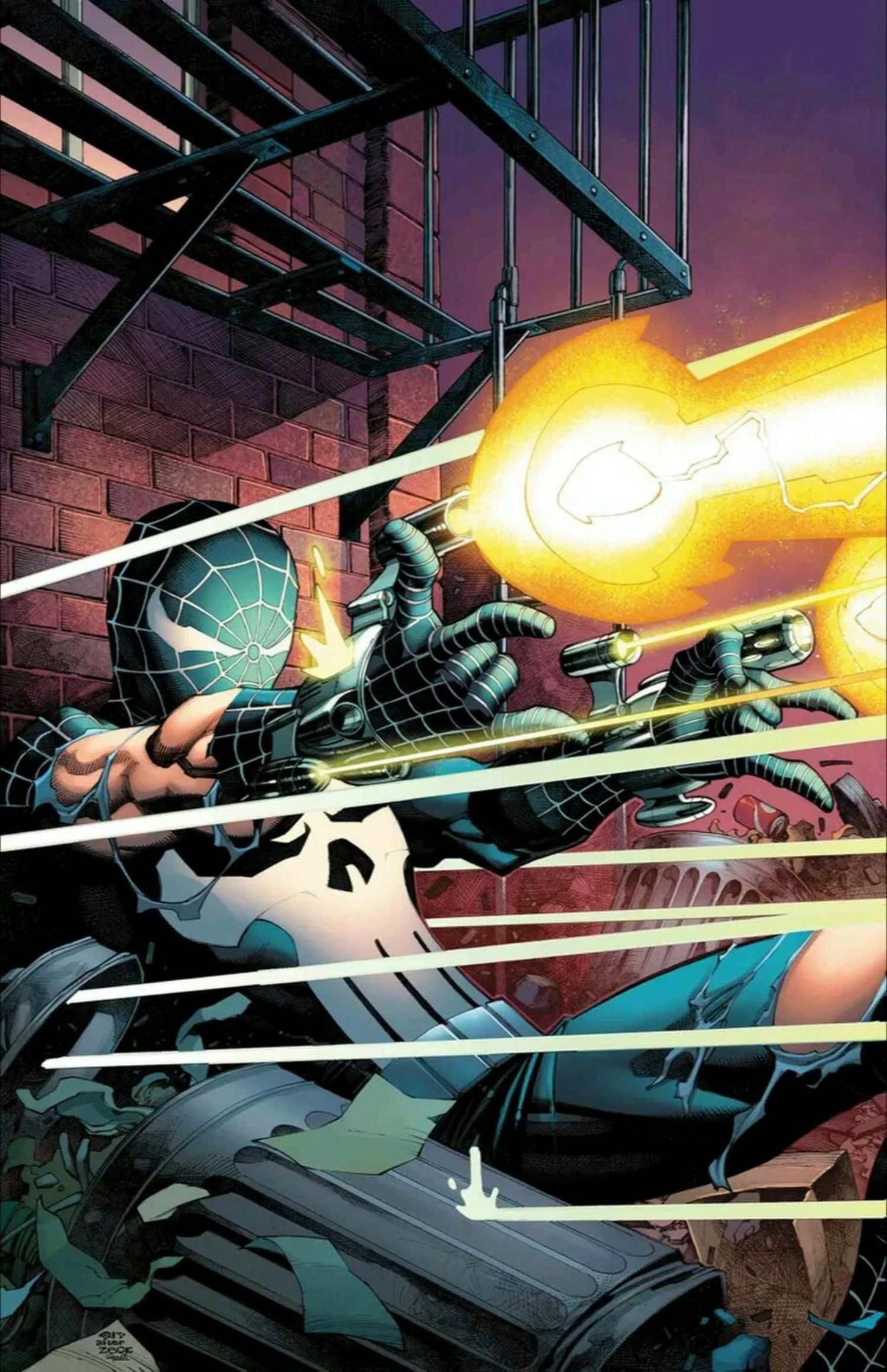 Peter Parker in costume hybrid Punisher-Spiderman che spara proiettili