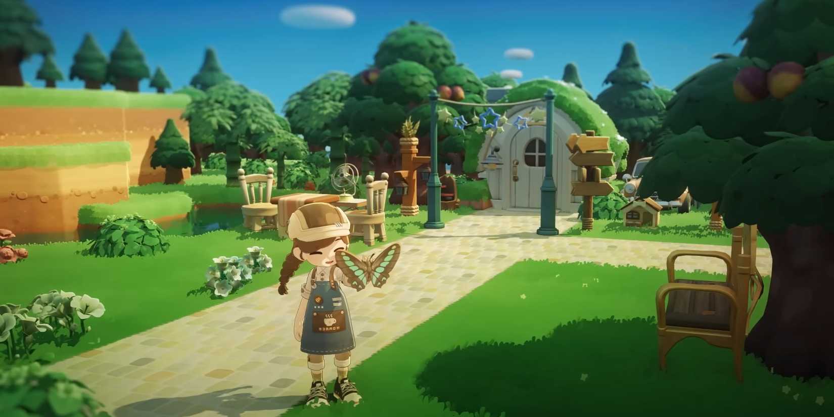 A character holds a butterfly in front of their house in Petit Planet.