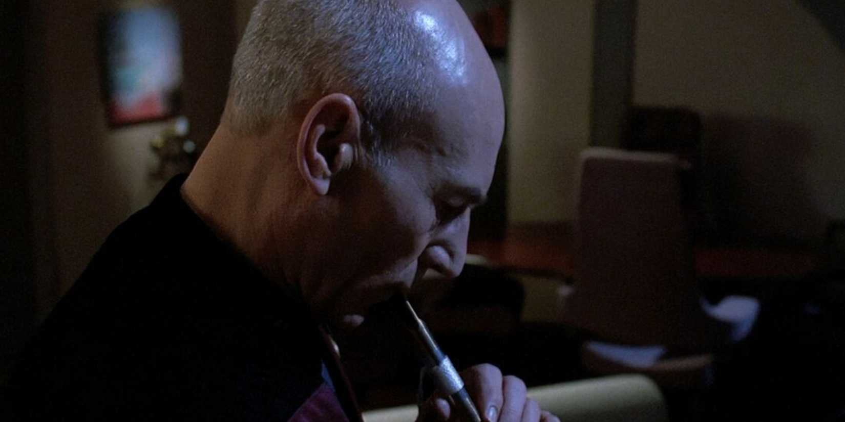 Picard playing an alien flute in the Star Trek episode Inner Light