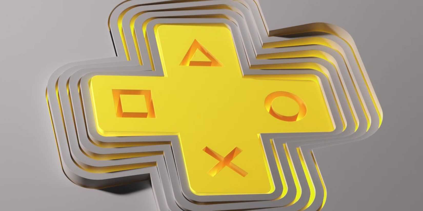 The yellow PlayStation Plus logo Free emerges from a silver surface.