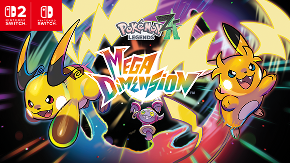 Pokemon Legends: Z-A Mega Dimensions DLC title, with two mega raichus and hoopla in bright colors