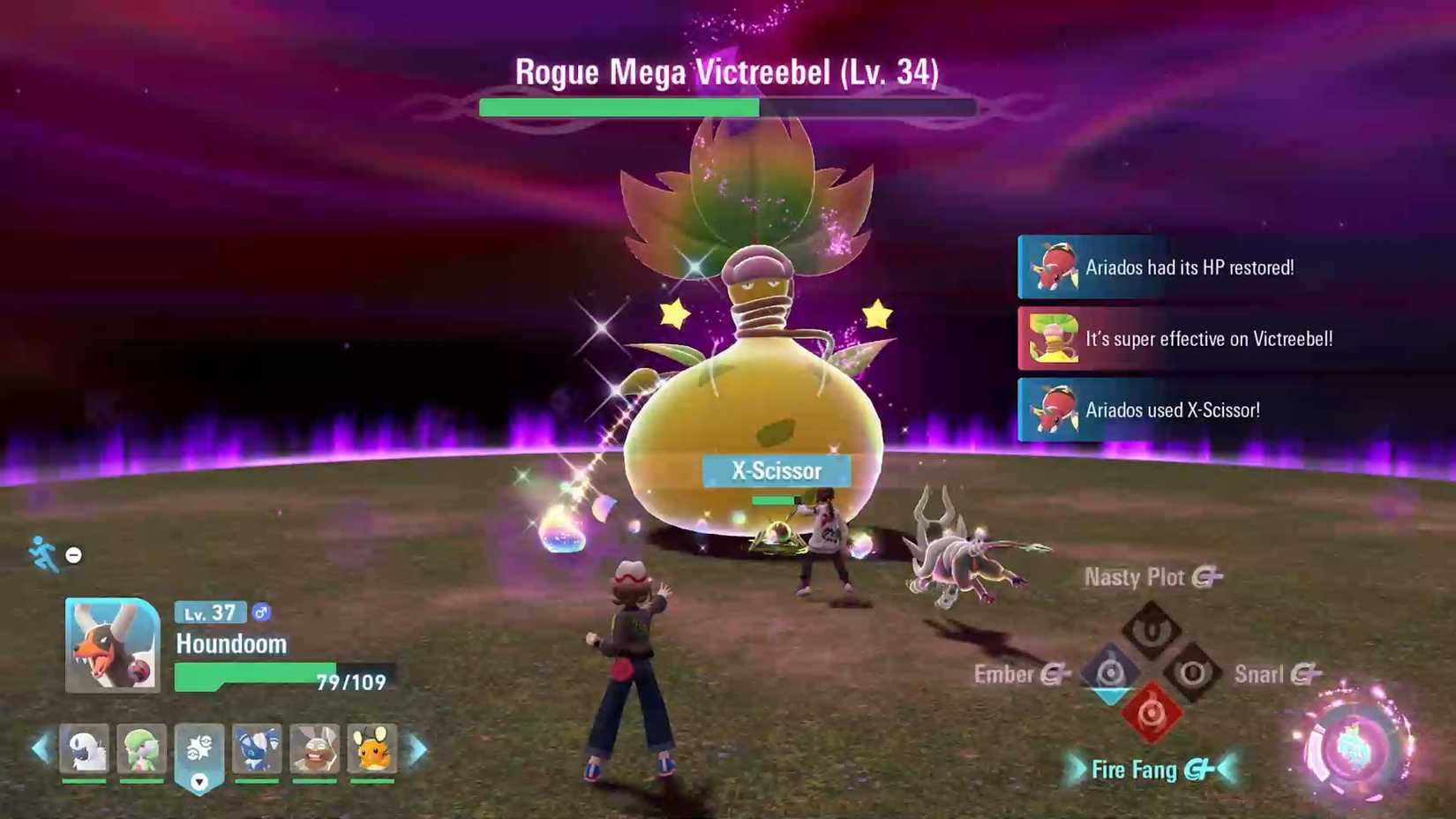 Pokemon Legends Z-A Victreebel Fight showing two trainers attacking the Pokemon.