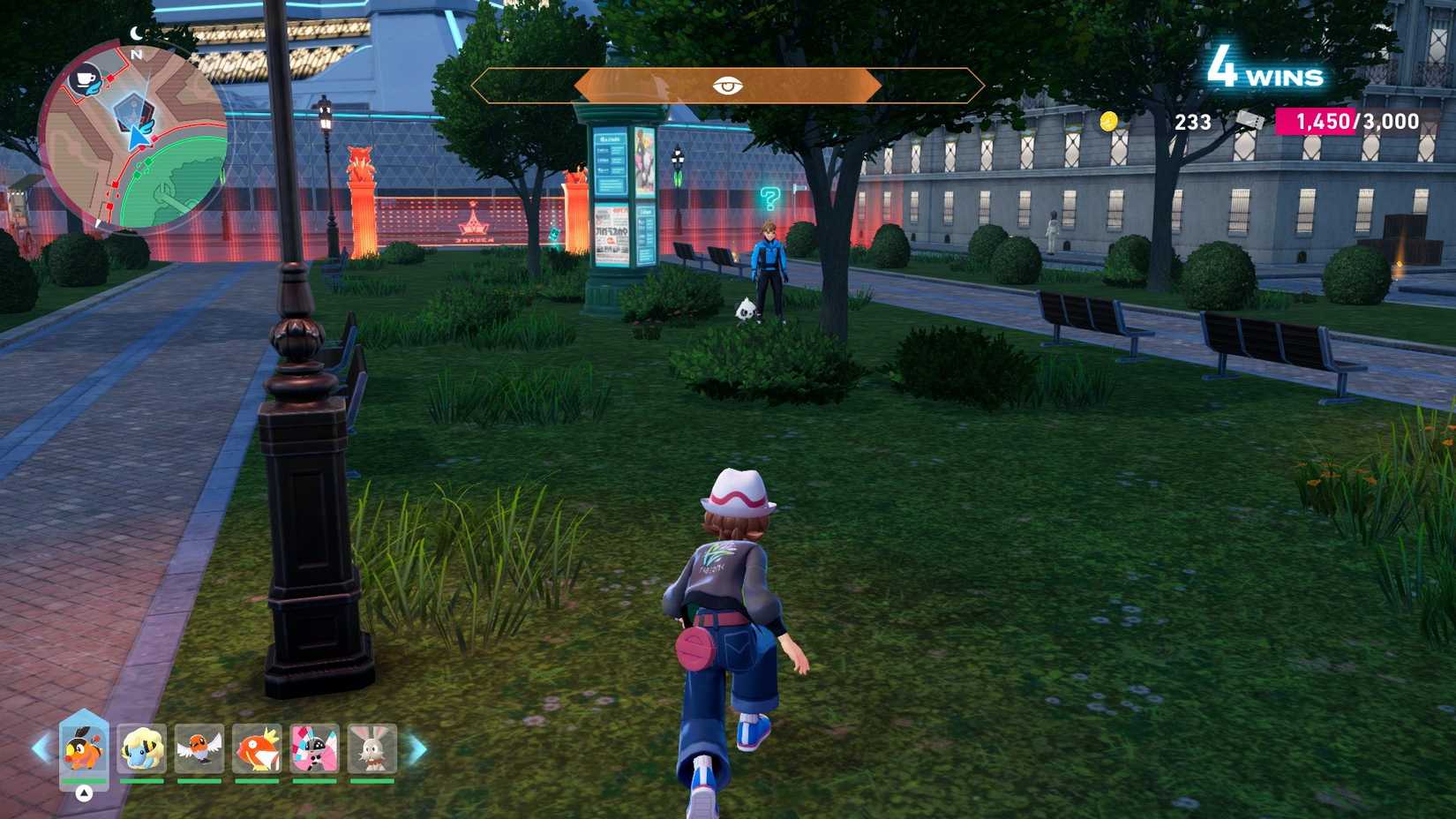 Pokemon Legends ZA player in a Battle Zone sneaking up on a trainer.