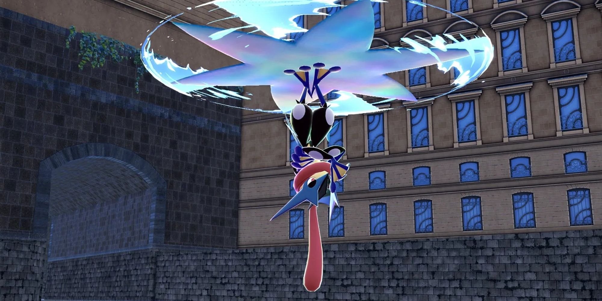 Mega Greninja capovolto durante l'attacco Water Shuriken.