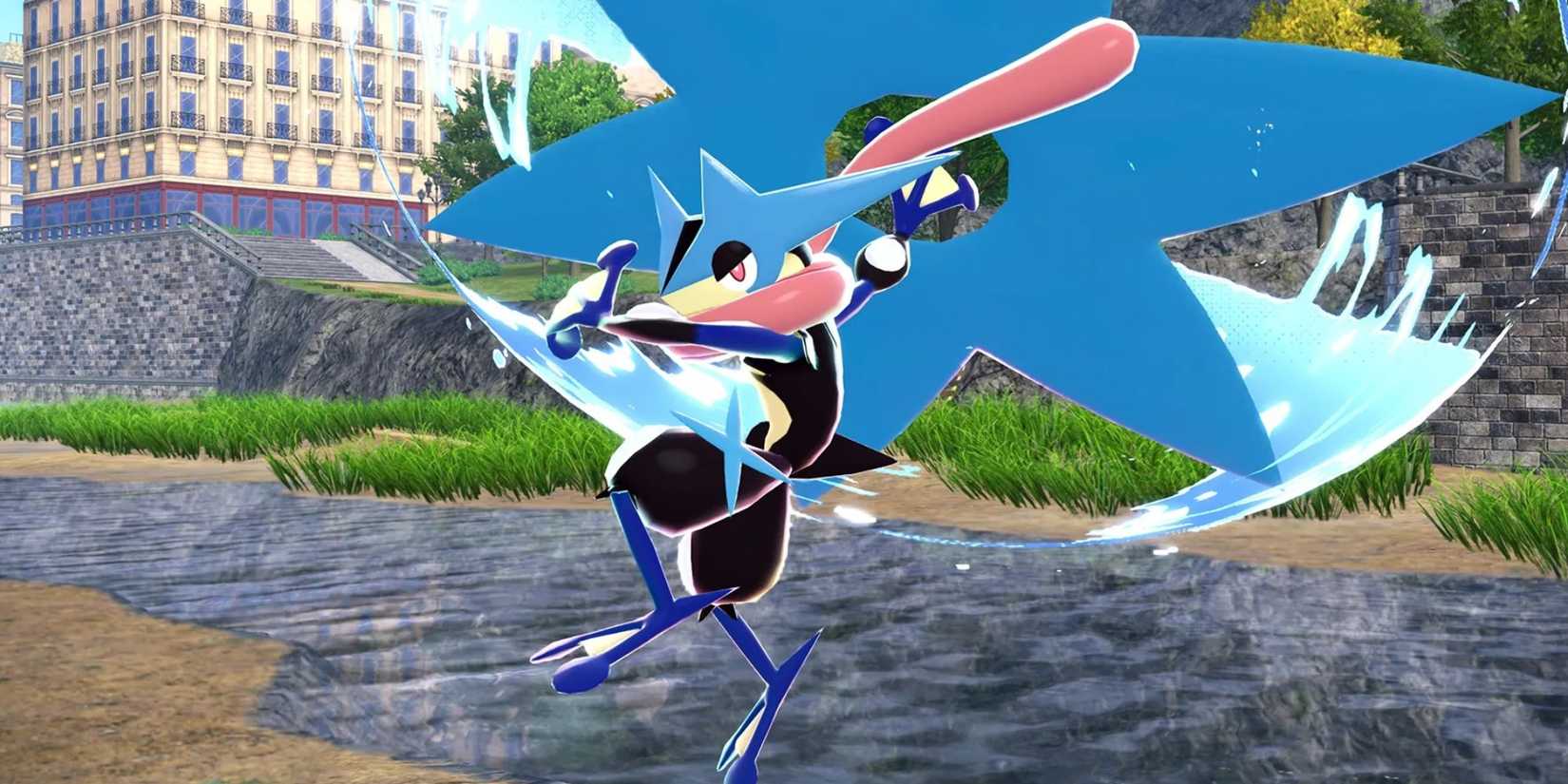Mega Greninja charges its Water Shuriken in Pokemon Legends Z-A.