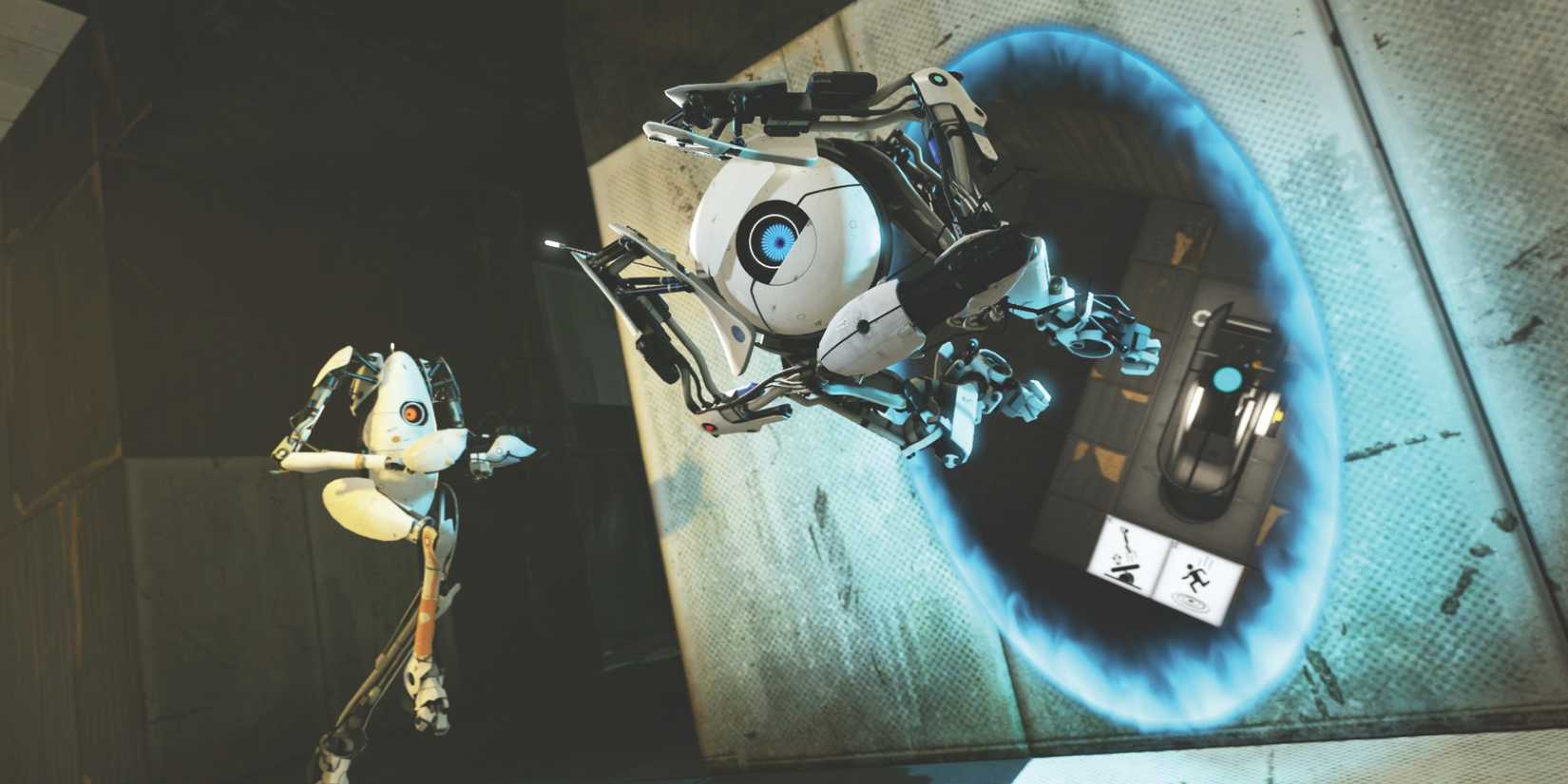 Two robots run in Portal 2, with one of them emerging from a blue portal.