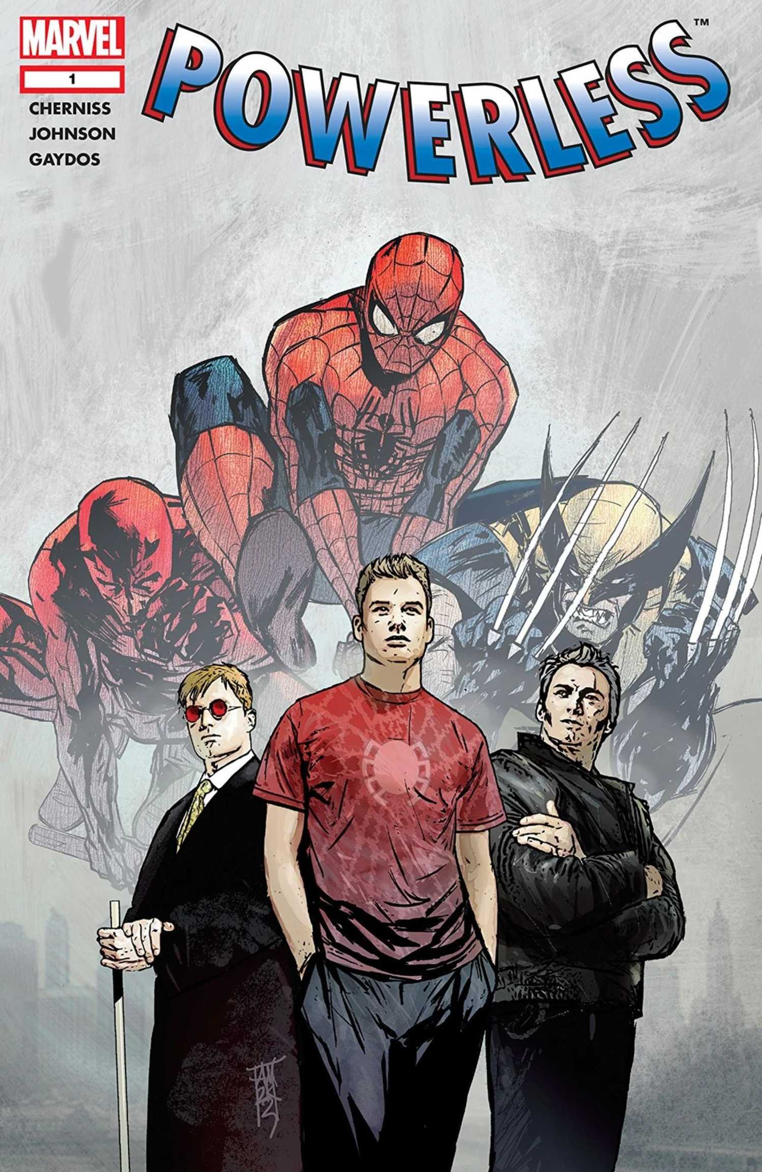 Powerless #1 cover, Spider-Man looming over Peter Parker and Matt Murdoch