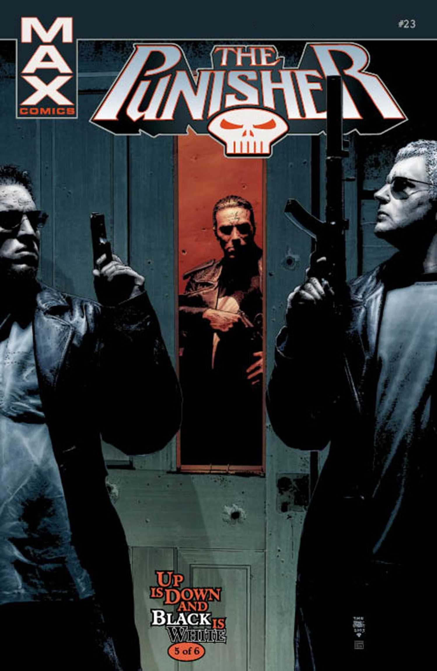 Punisher Up is Down Black is White cover, two men taking cover from Punisher