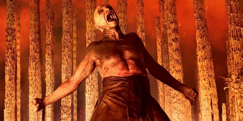 Ralph Fiennes as Dr Kelson screaming in the bone temple in 28 Years Later The Bone Temple