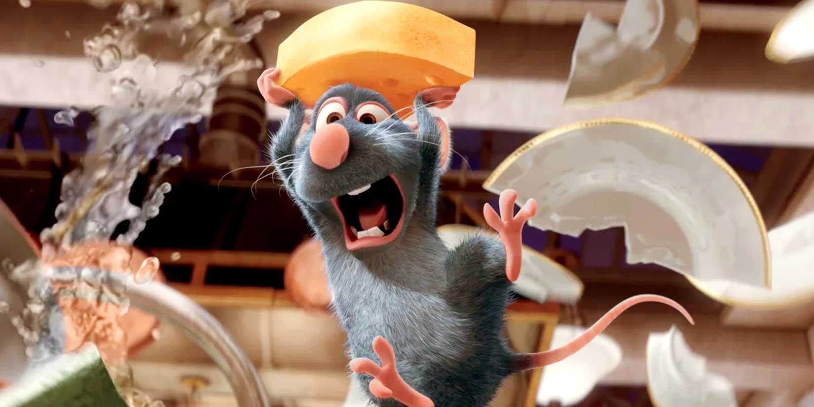 Remy jumping and looking scared with cheese above his head in Ratatouille