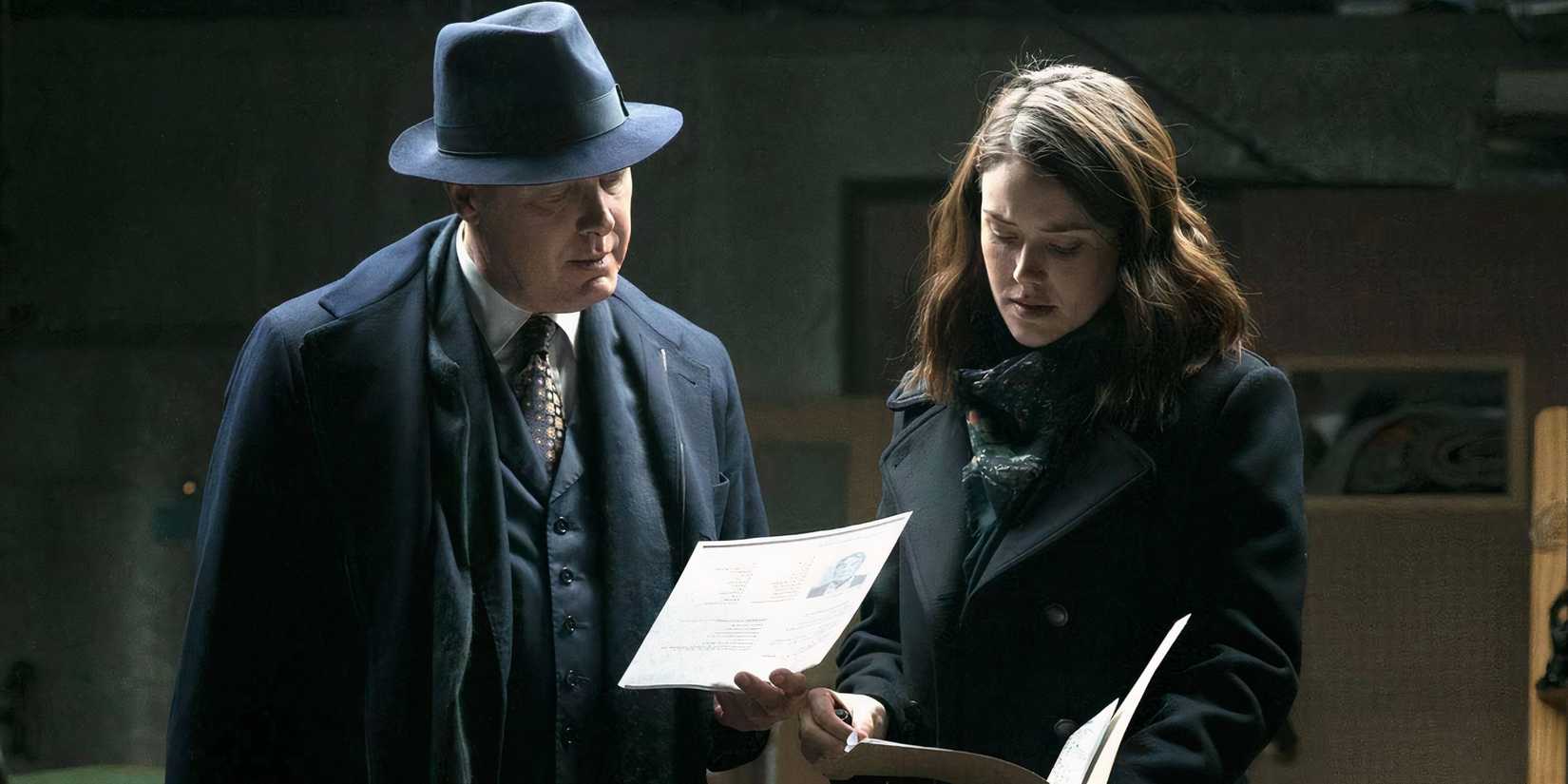 red and liz inspecting some documents in the blacklist season 4