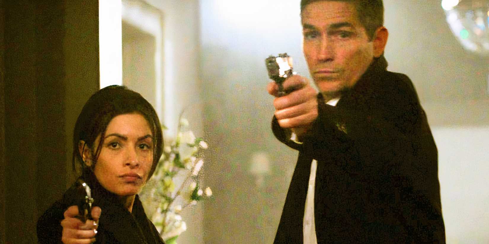 Reese and Shaw raising their pistols in Person of Interest