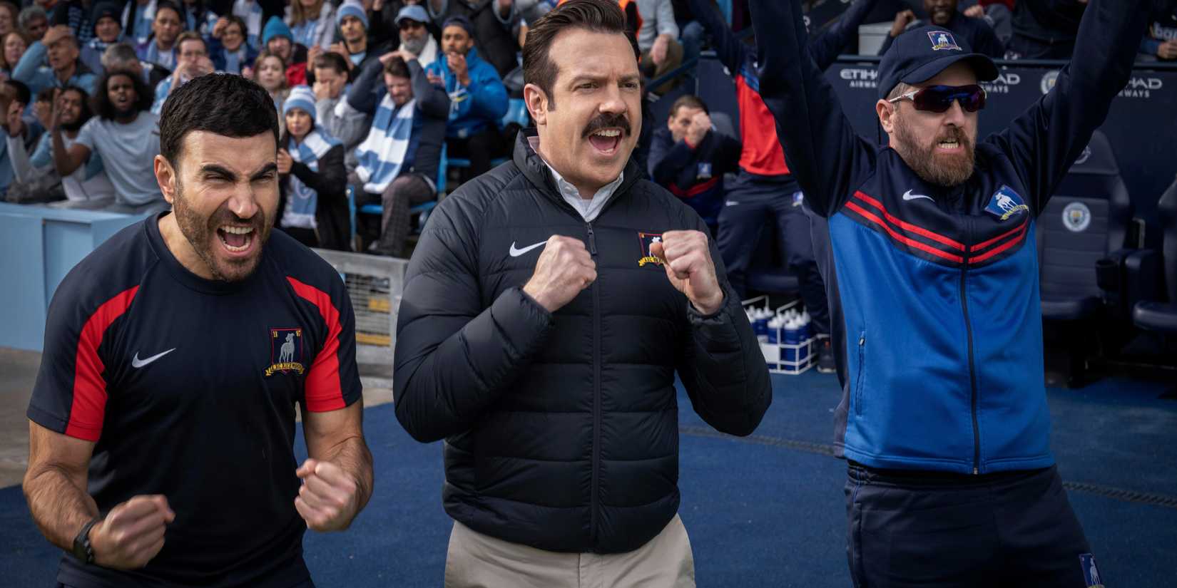 Roy Kent, Ted, And Coach Cheering In Ted Lasso